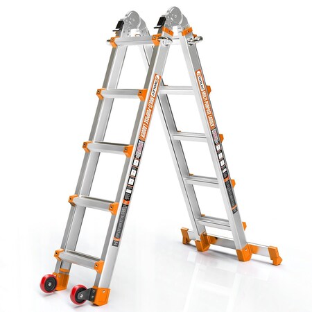 Wrightmaster 17 ft. Aluminum Multi-Position Ladder w/ Wheels and Stabilizer Bar, 330 lbs. Load Capacity, Orange ZOR-17FT-OR