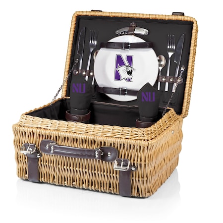 Picnic Time Family Of Brands NCAA Northwestern Wildcats Champion Picnic Basket for 2, Large Wicker Picnic Set 208-40-179-434-0