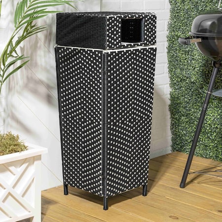 Happimess Keaton Modern 24.13 Gal. All-Weather Wicker/Metal Lidded Hideaway Outdoor Trash Can, Dark Navy/White HPM1203E