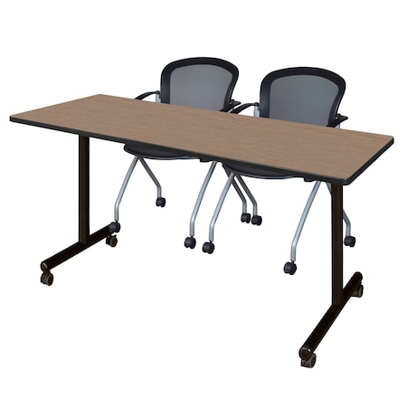 Regency Kobe Mobile T-Base Training Table W/ 2 Stack Chairs, 60 in W, 24 in L, Noble Oak MKTRCC6024NO23BK