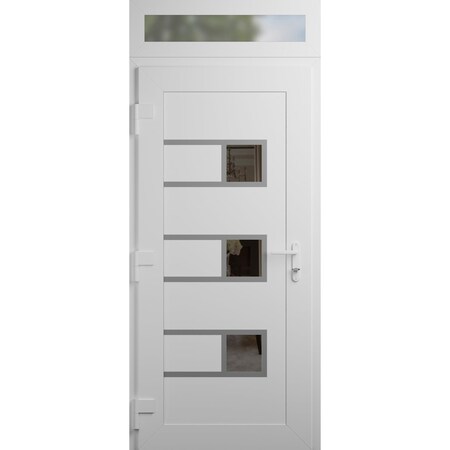 Vdomdoors Front Exterior Prehung Metal-Plastic Door, Manux 8933 White Silk, Top Sidelite Transom, Office Comm MANUX8933EXD-WS-W32xH80+14-RH