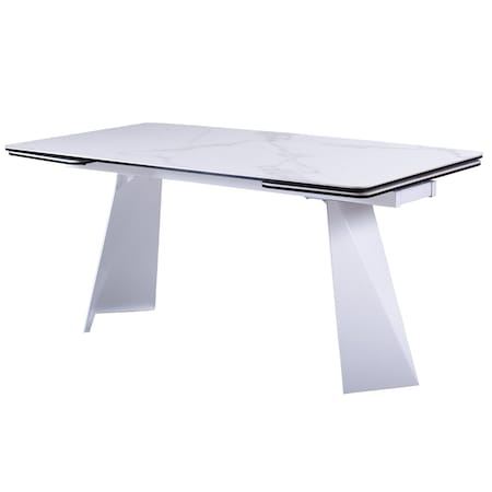 Homeroots 63" White Ceramic and Metal Self-Storing Leaf Pedestal Base Extendable Dining Table 555195
