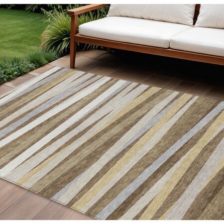 Homeroots 8' X 10' Brown Beige And Gray Striped Washable Indoor Outdoor Area Rug 597316