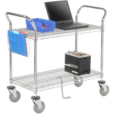 Global Industrial Nexel, 2 Shelf, Utility Cart, Chrome, 72"W x 21"D x 39"H, Poly Casters, 4 Swivel, 2 Brake B2351925