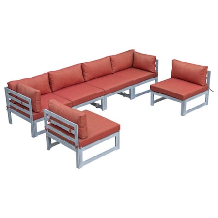 Leisuremod Chelsea 6-Piece Patio Sectional Weathered Grey Aluminum With Orange Cushions CSWGR-6OR