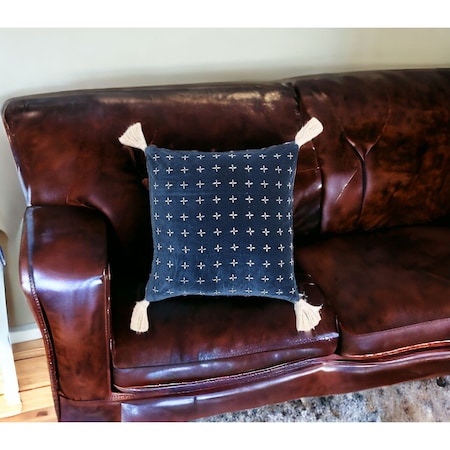 Homeroots 18" X 18" Blue and White Geometric Cotton Pillow Cover With Embroidery and Tassels 534556