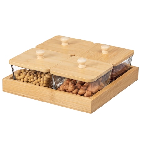 Basicwise Set of 4 Square Glass Jars with Bamboo Lids and Wooden Tray - Square Charcuterie, Snack QI004711.4