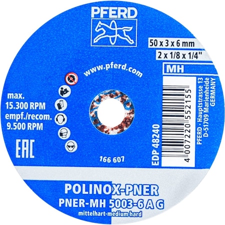 Pferd PFERD POLINOX Unitized Wheel, 2in x 1/8 x 1/4, Coarse, Medium-Hard, 6AC, Aluminum oxide 48240