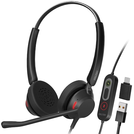 Delton MS Teams Noise-Canceling On-Ear Computer Headset with 3-Mics, USB Type-A & Type C, Black 62Y