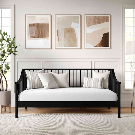 Martha Stewart Neely Twin Size Solid Wood Platform Daybed w/Wooden Spindles and Slatted Foundation, Black MG-090021-DBT-BK-MS