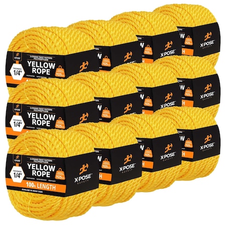 Xpose Safety 1/4in x 100 ft Twisted Polypropylene Rope, Yellow, 12PK YPR14-100-12-X