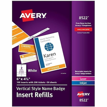 Avery reg Vertical Name Badge Ticket Inserts, White AVE8522