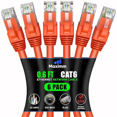 Maximm Cat6 Ethernet Cable 0.6ft 10Gbps 550MHz UTP, 6PK, Orange, 6PK CAT6-CCA-0.6FT-ORANGE-6PK