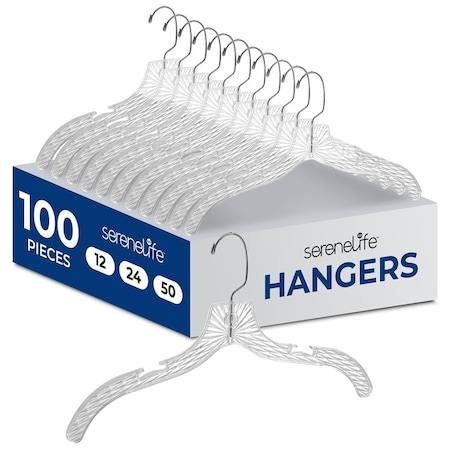 Serenelife Transparent Plastic Hangers, Crystal Clear, Non-Slip with Notched Shoulders, Ultra-Thin, 100PK SLHACR100