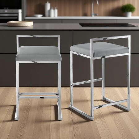 Homeroots Set of Two Gray and Silver Stainless Steel and Faux Leather Low Back Counter Height Bar Chairs 632342