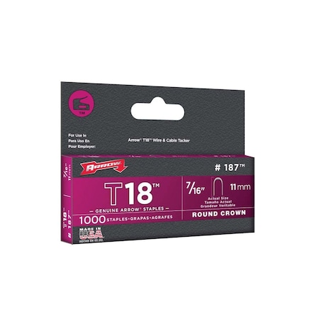 Arrow Wire Staples T18 3/16" W X 7/16" L 18 Ga. Round Crown Gray 187
