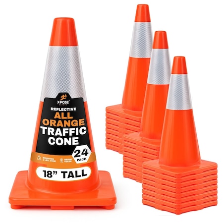 Xpose Safety 18 Inch All Orange Traffic Cone with 6in Reflective Collars, 24PK AOTC18-6-24-X
