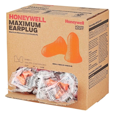 Honeywell Disposable Max Uncorded Foam Ear Plugs, 33, Orange, 200 PK MAX-1