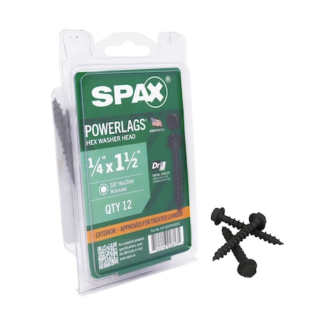 Spax 1/4 in x 1-1/2 in Exterior Structural Wood Lag Screws Powerlags Hex Head Hex, 12PK 45718207004043