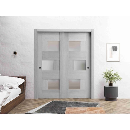 Vdomdoors Sliding Closet Bypass Doors 36 x 80in, Sete 6933 Light Grey Oak W/ Frosted Glass, Sturdy Rails SETE6933DBD-OAK-36