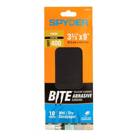 Spyder 3-2/3-Inch x 9-Inch 400 Grit Silicon Carbide Wet/Dry Sandpaper Sheets, 10PK 500022