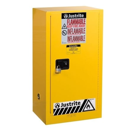 Justrite 20 gal, 2 Shelves, 18-Gauge Steel, 23.25 in W x 44 in H x 18 in D, Yellow 891510