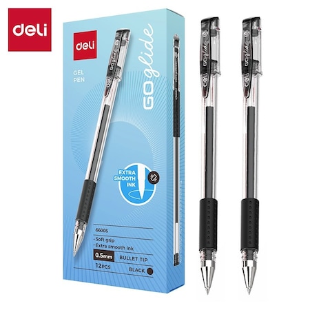 Deli Gel Pen 0.5mm, Black Ink, Capped, Soft Grip, 12PK E6600S