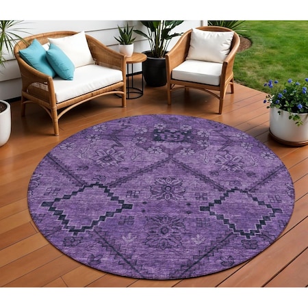 Homeroots 8' Eggplant Purple And Plum Round Floral Washable Indoor Outdoor Area Rug 588890
