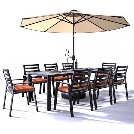 Leisuremod Chelsea Aluminum Outdoor Dining Table 87 With 8 Chairs and Cushions, Orange CC20-T87BL-8OR