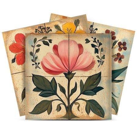 Homeroots 6" x 6" Pink And Green Vinyl Arabesque Peel And Stick Removable Tiles 572043