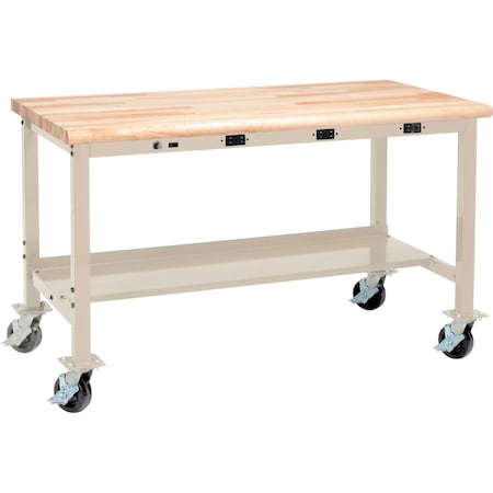 Global Industrial Mobile Workbench, 72 x 30", w/Outlets, Maple Butcher Block Safety Edge, Tan 253990HBTN