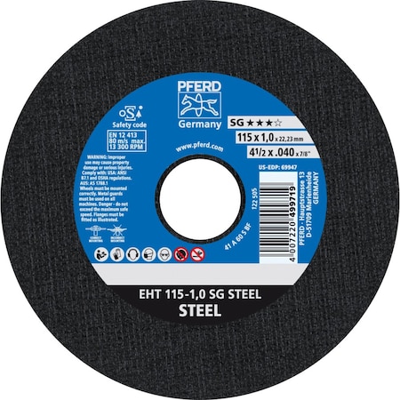 Pferd Cut-Off Wheel, Type 1, 4-1/2 in Dia, 0.040 in Thick, 7/8 in Arbor Hole Size, Aluminum Oxide 69947