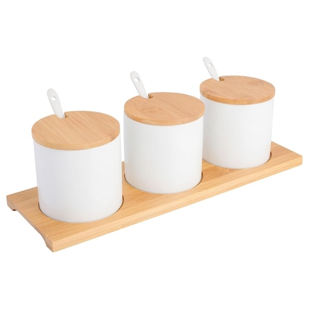Gibson Gracious Dining 10 Piece Fine Ceramic Condiment Jars with Bamboo Lids and Spoons in White 134307.10R