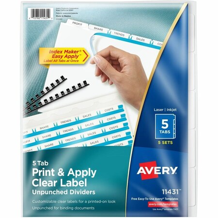 Avery Dennison Avery, PRINT AND APPLY INDEX MAKER CLEAR LABEL UNPUNCHED DIVIDERS, 5TAB, LETTER, 5 SETS 11431