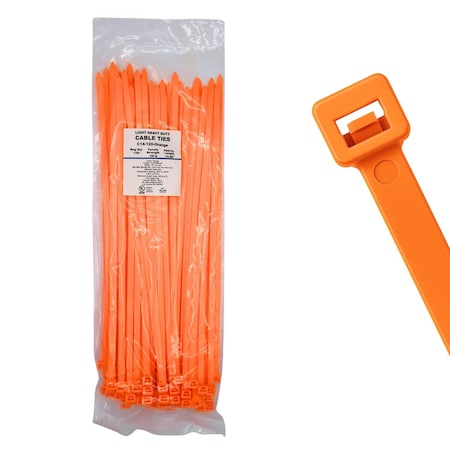 Cable Ties Unlimited Cable Tie, 14 in L, 120 lb Strength, 4 in Max Bundle Dia, Nylon 6/6, Orange 100PK C14-120-Orange