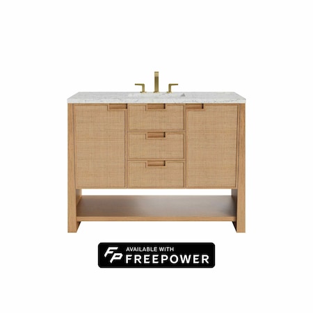James Martin Vanities Solene 48 in. Single Vanity, Seaside Oak, w/ 3 CM Eternal Jasmine Pearl Silestone Top D225-V48-SSO-FEJP