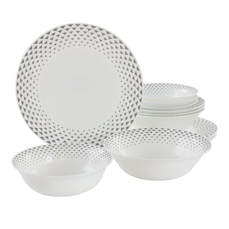 Ultra By Gibson Cane Peak 12 Piece Opal Glass Dinnerware Set in White With Grey Accents 138949.12