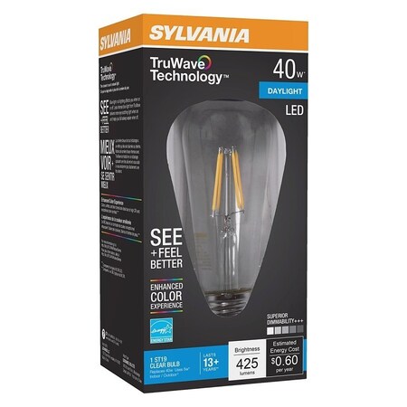 Sylvania Natural LED Bulb, ST19 Lamp, 40 W Equivalent, E26 Medium Lamp Base, Dimmable, Clear, Daylight Light 41330