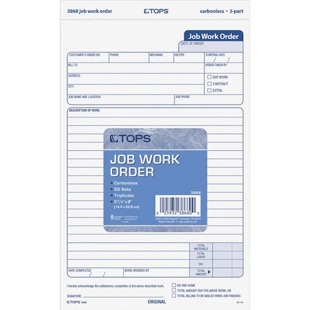 Tops Business Forms Tops Job Work Order Form, 3-Part, Carbonless, 5-1/2" x 8-1/2", 50 Sets/Pack 3868