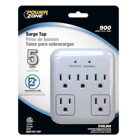 Powerzone Outlet Tap, Surge, 5 Outlet(s) Gray/White OR802155