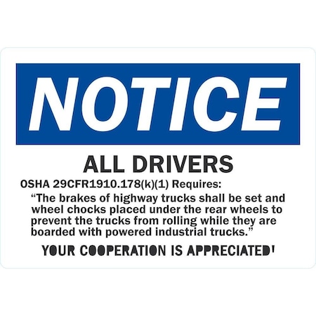 Lyle All Drivers, OSHA 29CFR1901.178(k)(1) Requires, The Brakes, 5x3.5, Non-Reflective, White G-16753-ND_5x3.5