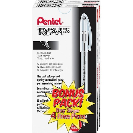 Pentel BK91ASW-US R.S.V.P. Ballpoint Stick Pen Black Ink Medium 24 per Pack BK91ASW-US