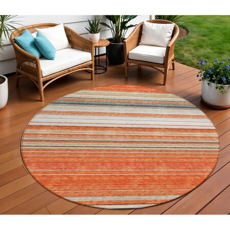 Homeroots 8' Coral Ivory And Gray Round Striped Washable Indoor Outdoor Area Rug 614805