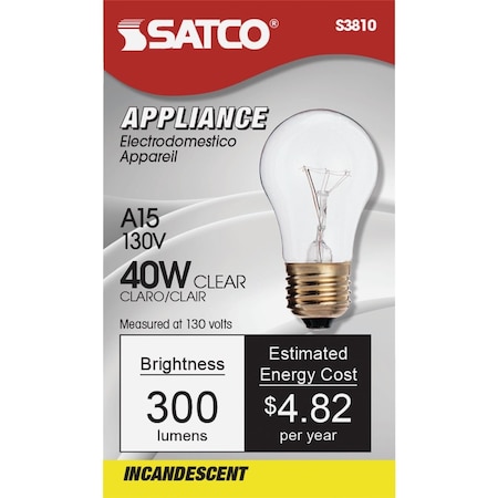 Satco 40W Clear Medium A15 Incandescent Appliance Light Bulb S3810