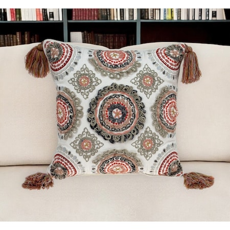Homeroots 18" Red and White Floral Cotton Throw Pillow With Embroidery, Tassels 529193