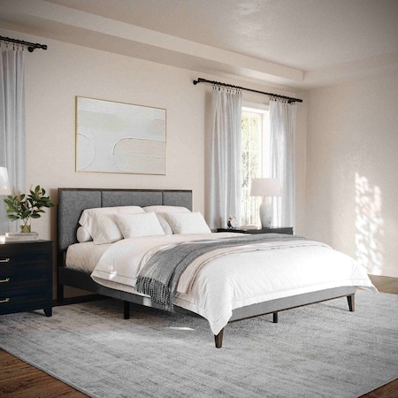 Martha Stewart Jett Queen Size Solid Wood Platform Bed w/Upholstered Base/Inset Paneled Headboard, Brown Gray/Gray MG-0900271F-Q-BRN-GY-MS