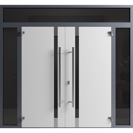 Vdomdoors Front Exterior Prehung Aluminum Double Doors Ronex1011 Grey 2 Sidelights and Top Transom Mirrored RONEX1011DEXD-GRE-W16+72+16xH96+14-LH-I
