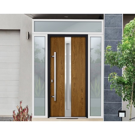 Vdomdoors Steel Door Deux 1744 Natural Oak 2 Sidelight and Transom White Window Stainless Inserts Single Mode DEUX1744EXD-OAKW-W12+36+12xH80+16-RH-O