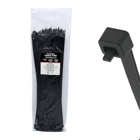 Cable Ties Unlimited Pawl Releasable Cable Tie, 14 in L, 50 lb Strength, 4 in Max Bundle Dia, Nylon, UV-Rated, Blk, 100PK RT14-50-0C-.19