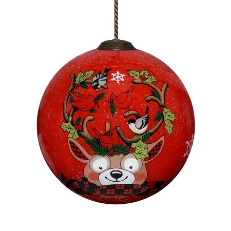 Homeroots Reindeer with Plaids and Cardinals Hand Painted Mouth Blown Glass Ornament 477498